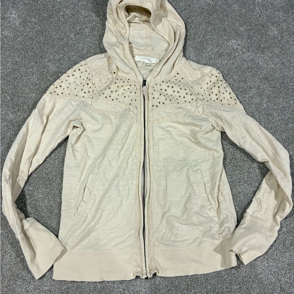 Anthropologie Feather Bone Lace Hoodie Cream Zip Up Jacket Medium